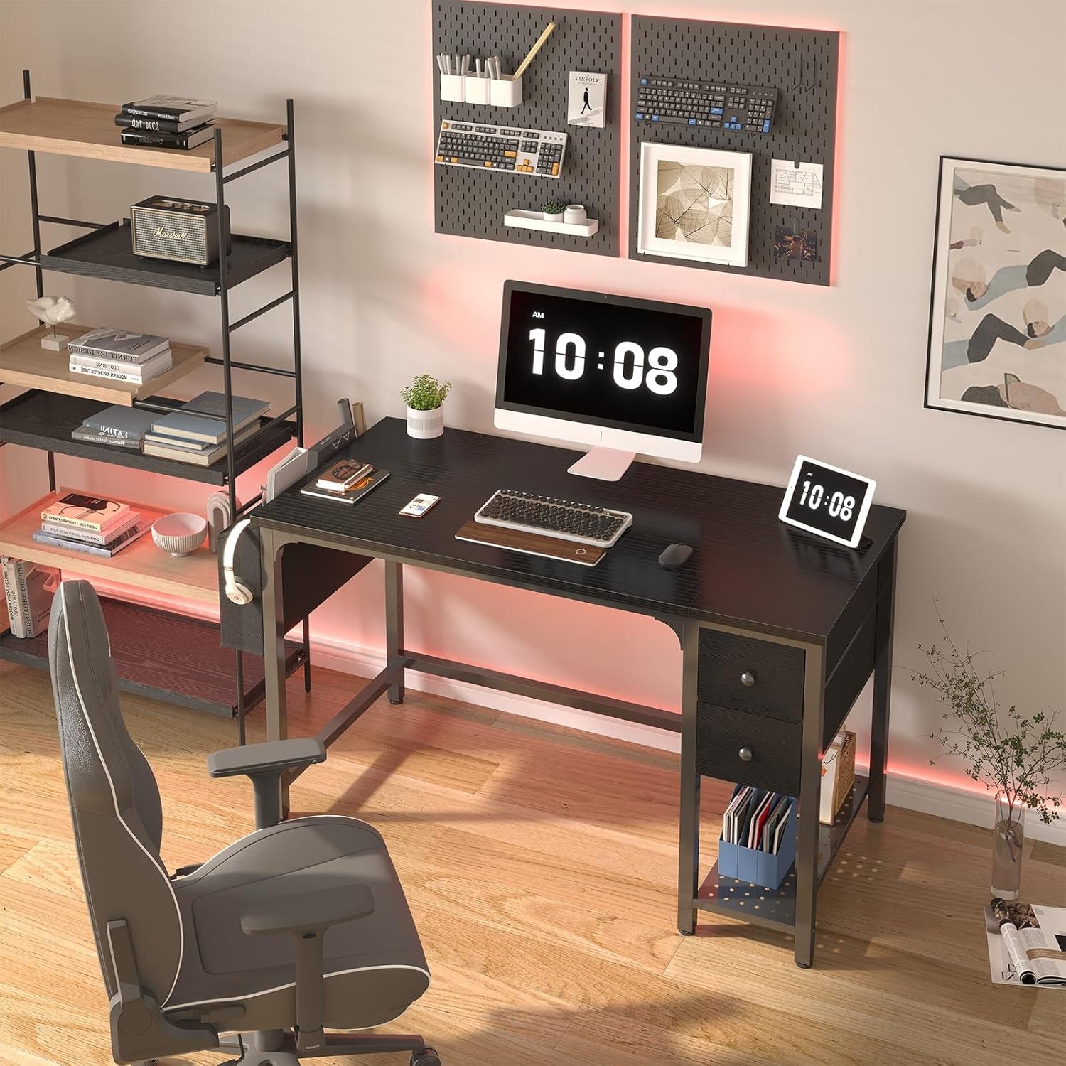 Gaming Desk with Fabric Drawers, 47 Inch Computer Desk for Home Office, Modern Simple Study Writing Table PC Desks for Bedroom, Black