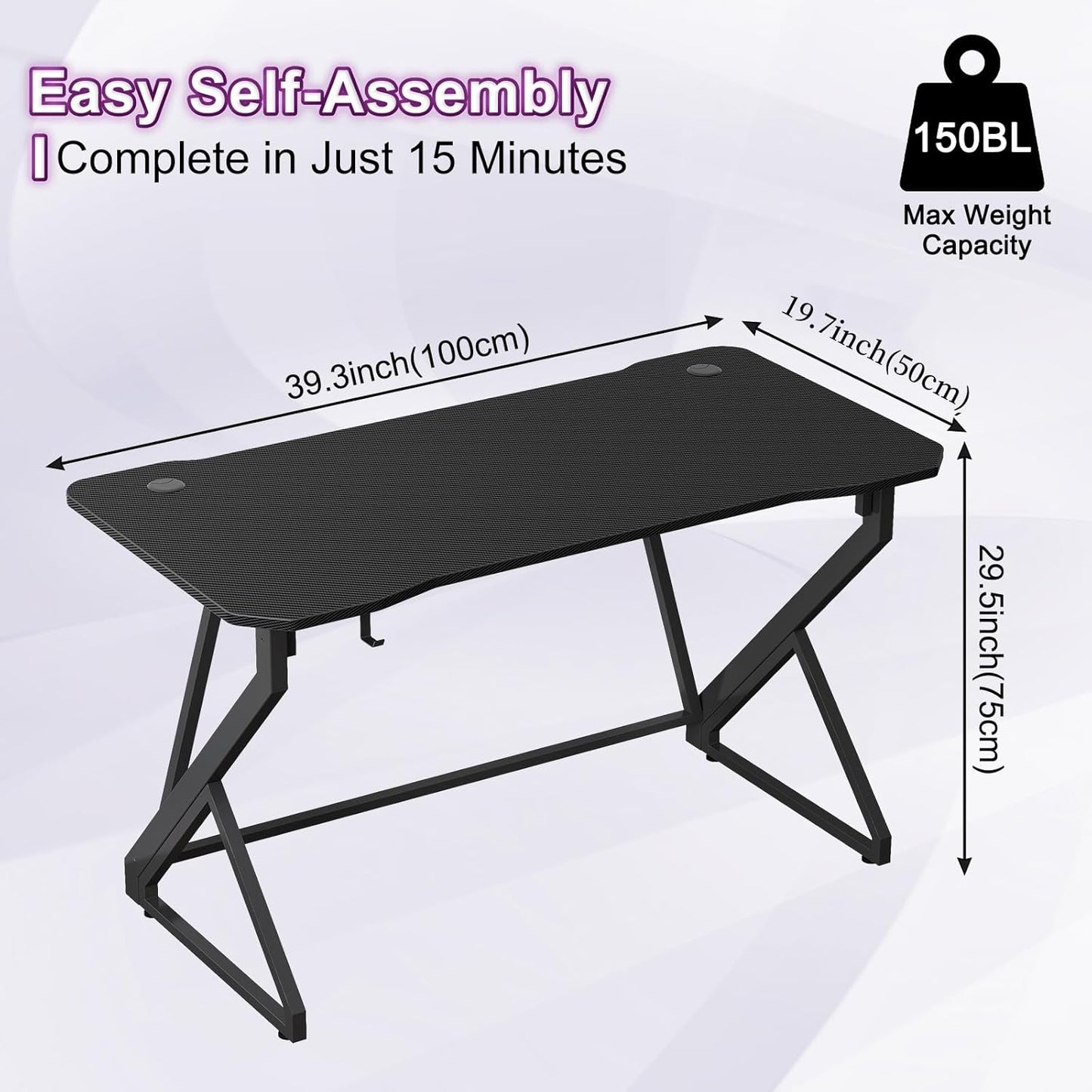 Gaming Desk Z Shaped 40 Inch Gamer Workstation, Home Computer Carbon Fiber Surface Gaming Desk PC Table with Headphone Hook, Carbon Fiber Black