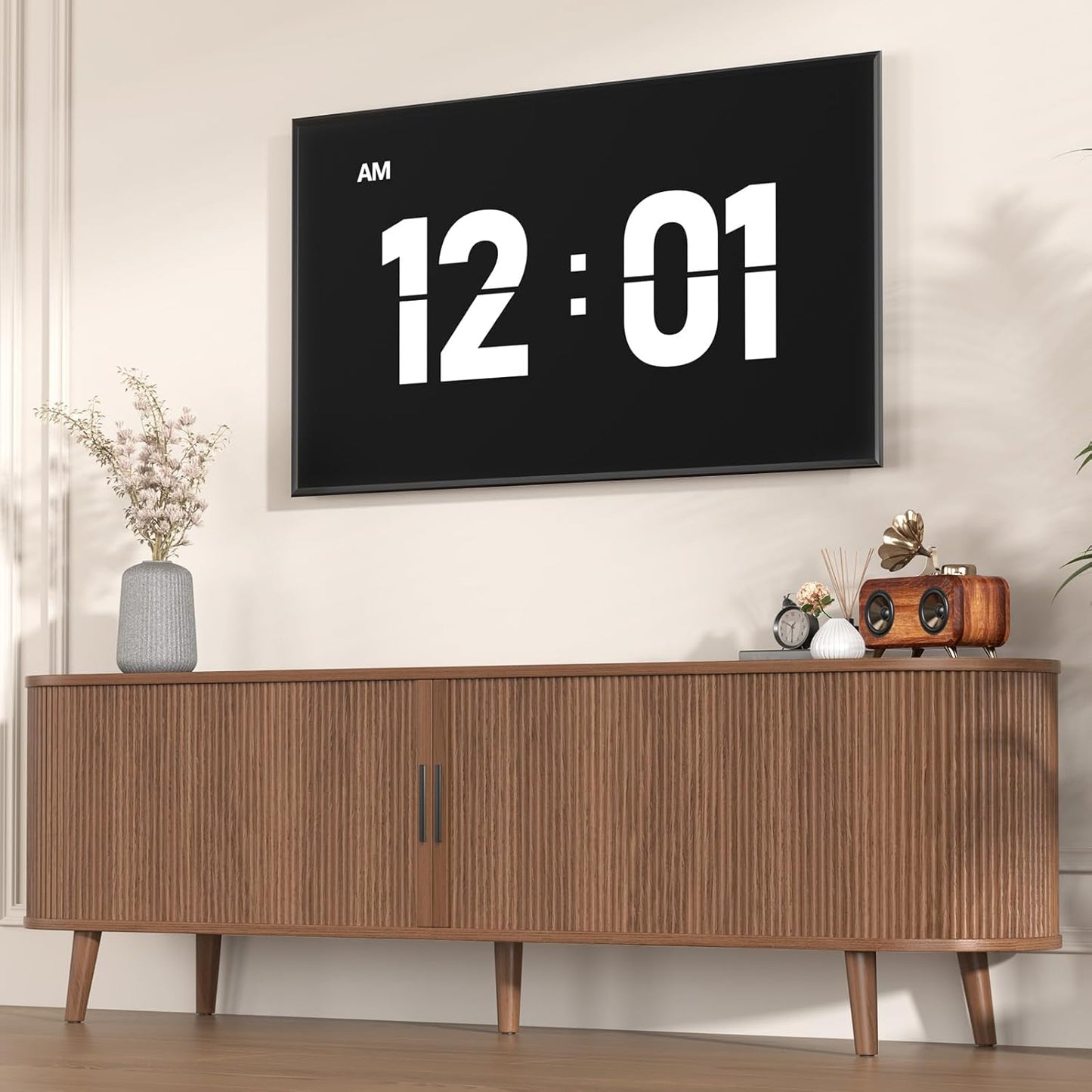 TV Stand for Living Room, 71" Mid Century Modern Entertainment Center W/Curved Edge for 55/60/65 Inch TV, Media Consol with Sliding Door Drawers and Open Shelves for Bedroom Living Room