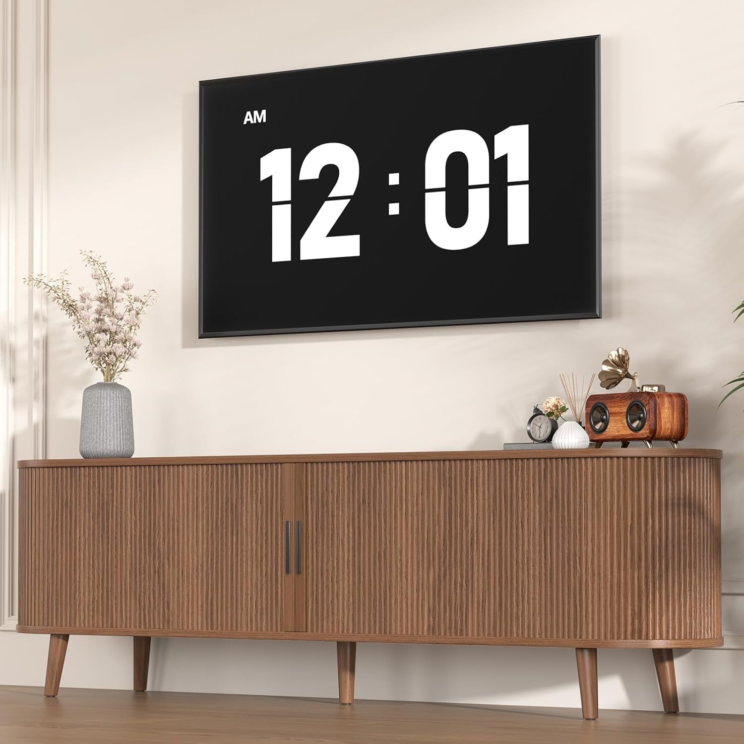 TV Stand for Living Room, 71" Mid Century Modern Entertainment Center W/Curved Edge for 55/60/65 Inch TV, Media Consol with Sliding Door Drawers and Open Shelves for Bedroom Living Room