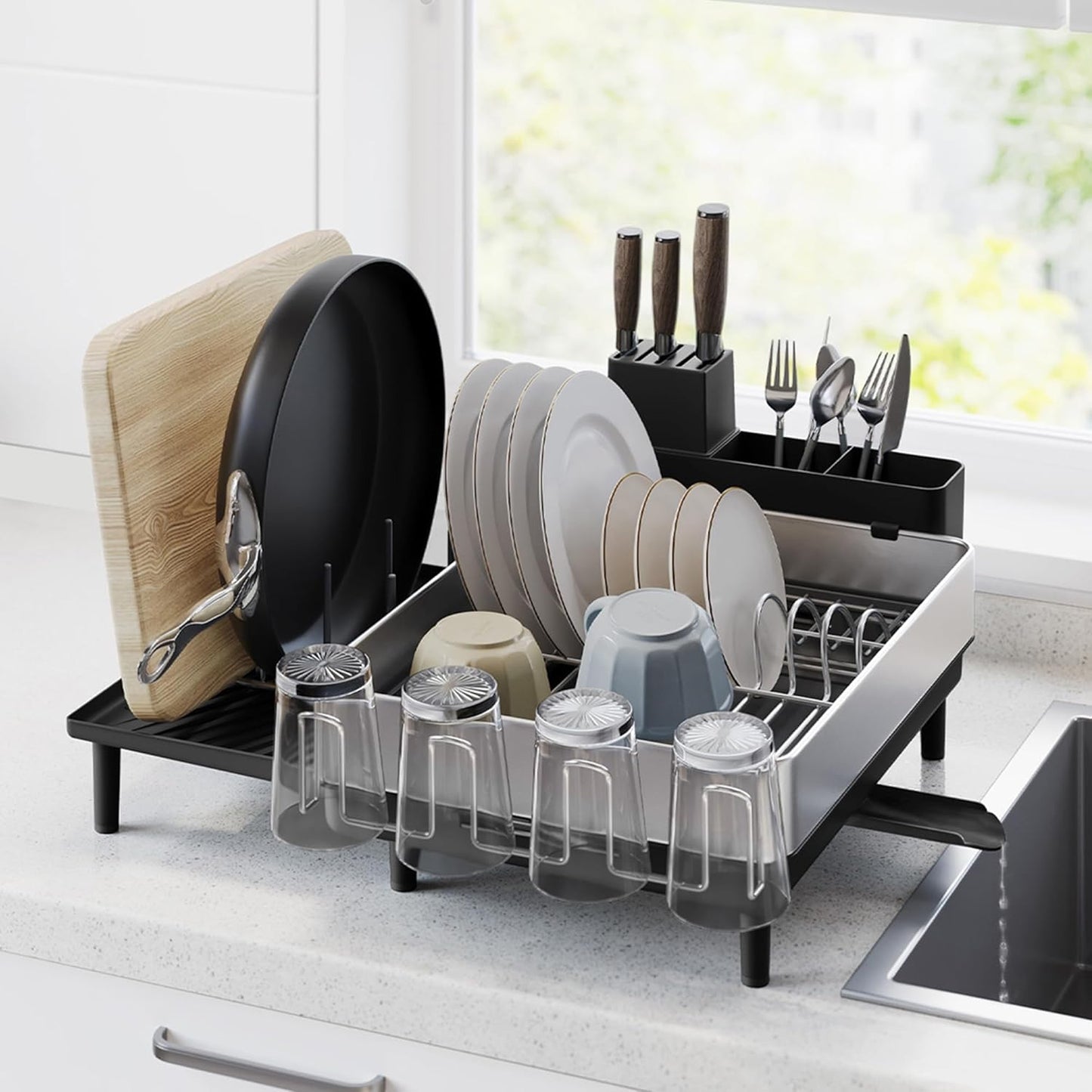 Large Dish Drying Rack, Expandable Dish Dryer for Kitchen Counter, Stainless Steel Dish Rack with Rotatable Spout, Utensil, Cup, Glass, Cutting Board, Pan Holders, Silver and Gray UKCS037G01