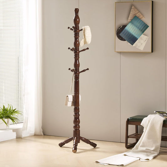 Coat Rack, Natural Wood Coat Racks with 3 Height Options and 9 Hooks,Coat Tree Ease of Assembly,Freestanding Hall Tree for Home/Office/Entryway/Hallway (Walnut)
