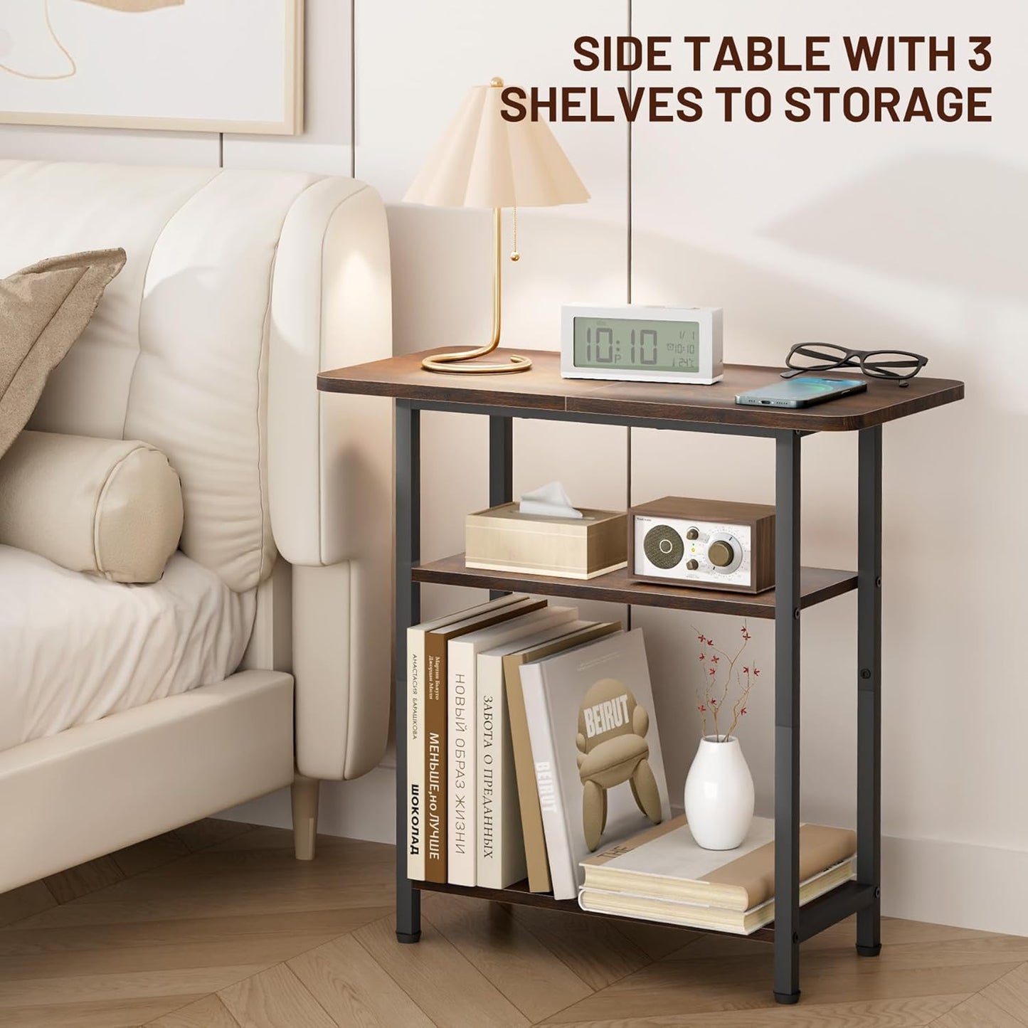 Side Table for Living Room, 3-Tier End Table for Small Space with Wide Storage Tabletop, Rustic Brown Narrow Nightstand for Bedroom, Sofa Couch