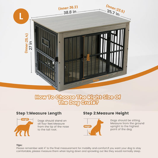 Dog Crate Furniture for Medium Dogs, 38.8 Inch Dog Kennel Indoor, Wooden Dog Cage End Table with 2 Removable Bowls, Heavy Duty Dog Crate, Rustic Grey