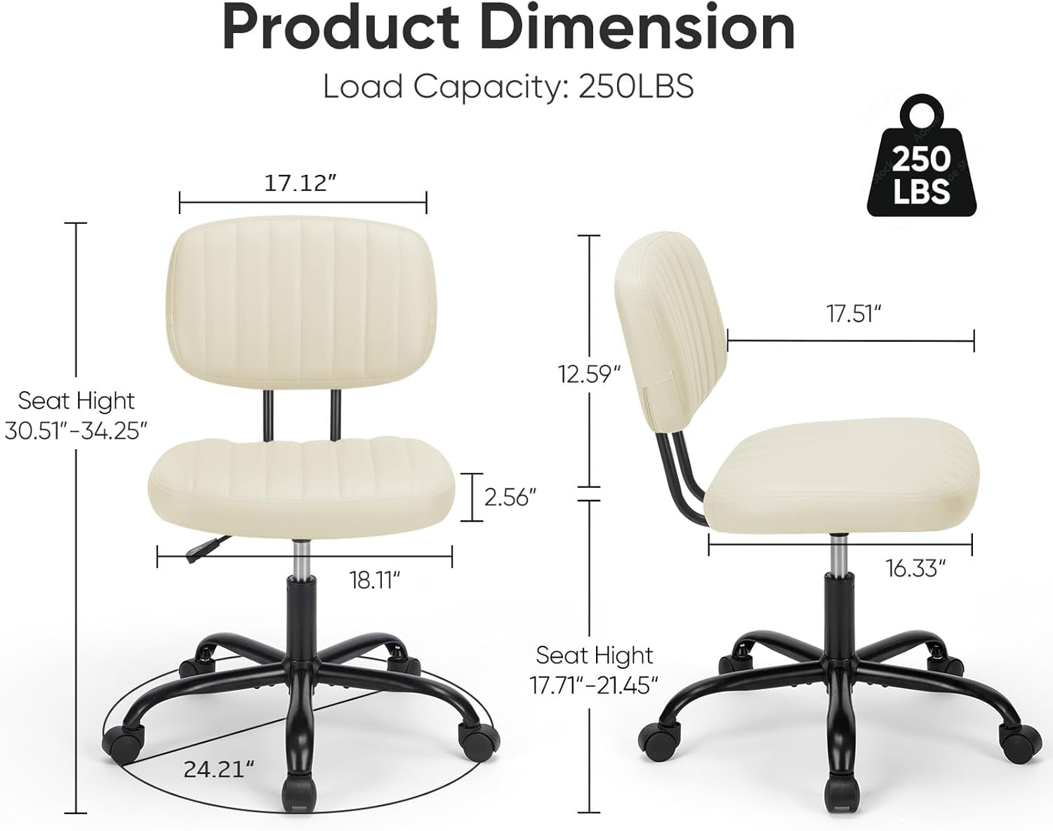 Armless Home Office Desk Chair -Small Ergonomic with Low Back Lumbar Support, Height Adjustable PU Leather Computer Task with 360° Swivel Rolling Wheels, for Small Space, Beige White
