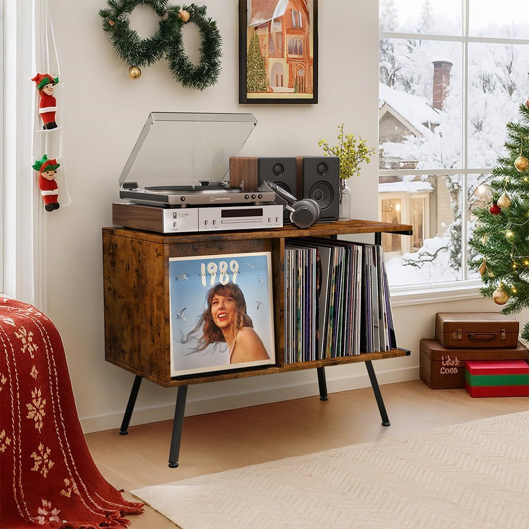 Flip Top Record Player Stand, Large Record Player Table with Open Storage Holds up to 150+ Albums, Mid Century Turntable Stand, Stereo Cabinet for Speakers, for Living Room, Bedroom, Rustic