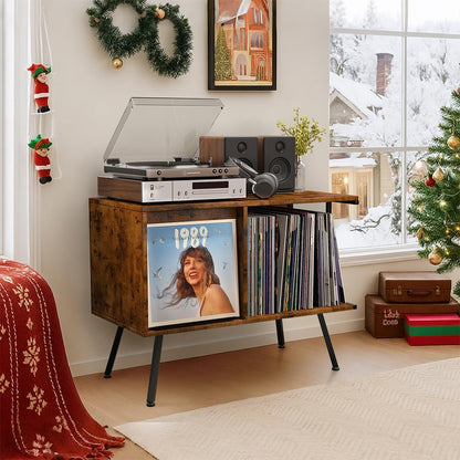 Flip Top Record Player Stand, Large Record Player Table with Open Storage Holds up to 150+ Albums, Mid Century Turntable Stand, Stereo Cabinet for Speakers, for Living Room, Bedroom, Rustic