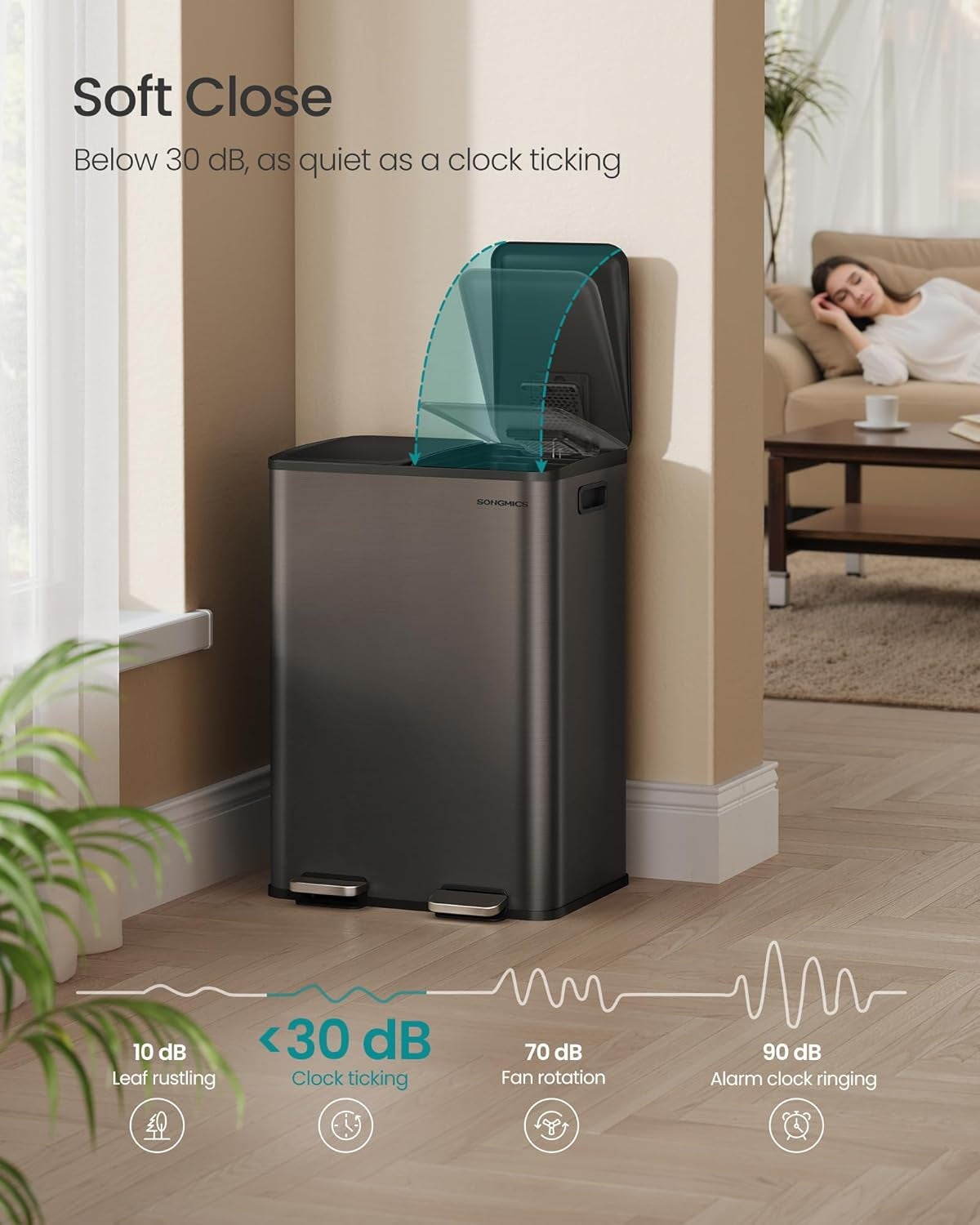 Trash Can, 2 X 8 Gallon (2 X 30 L) Dual-Compartment Garbage Can with Soft-Close Lid, Pedal and Inner Buckets, Stainless Steel, Includes 15 Liner Bags, Slate Gray ULTB741G01