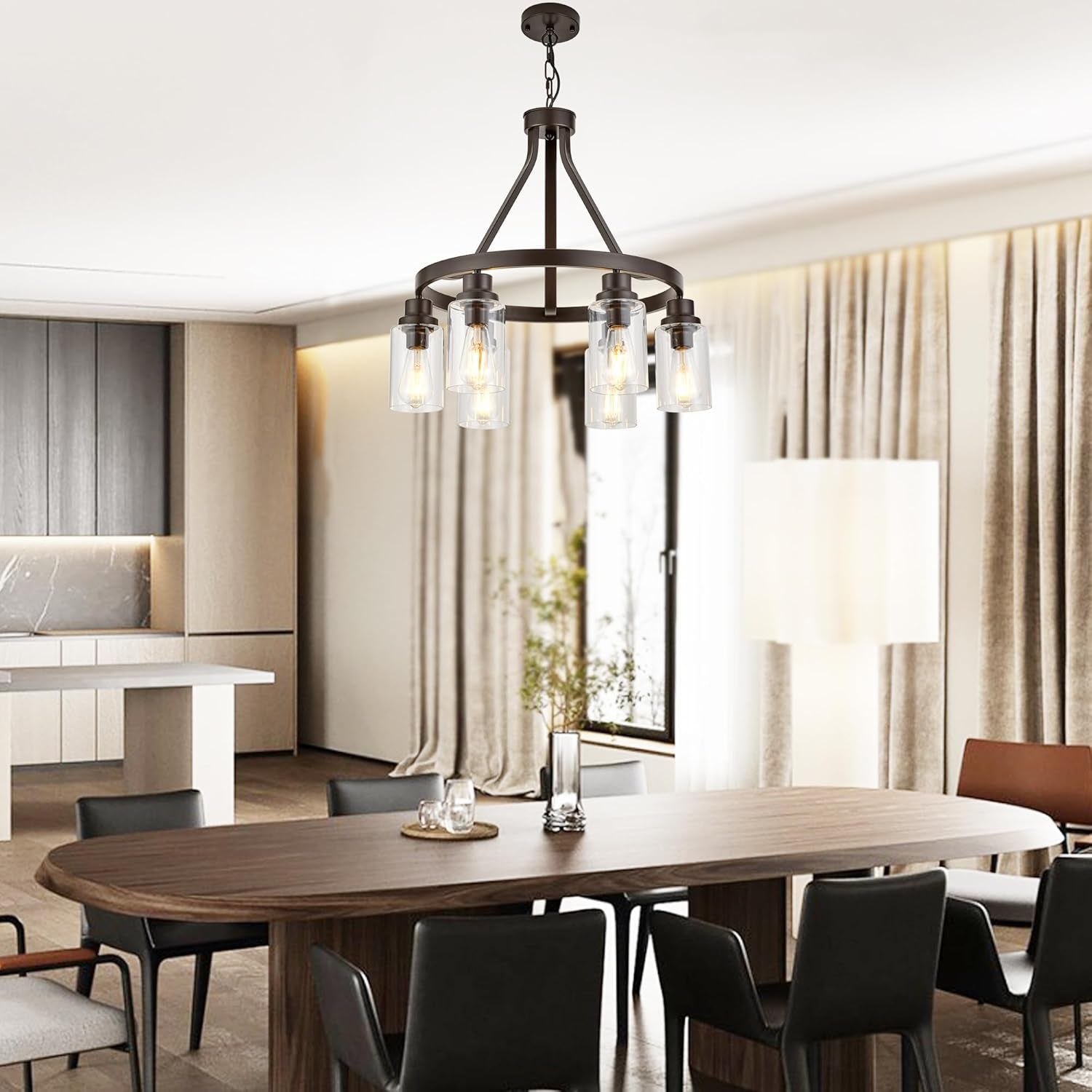 Oil Rubbed Bronze Dining Room Lighting Fixture Hanging Farmhouse Chandelier 6 Light Kitchen Island Lighting with Glass Shade