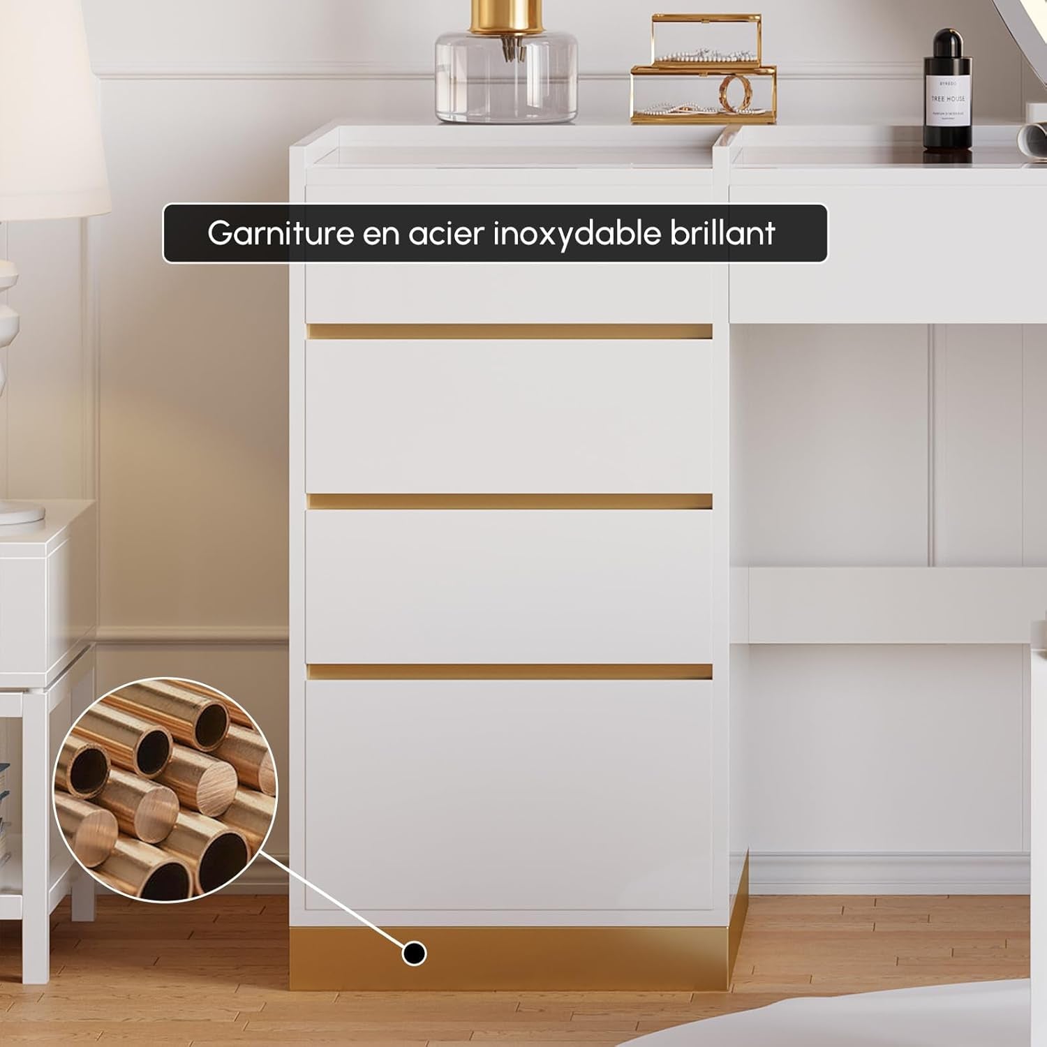 Vanity Desk Set with LED Mirror, Makeup Vanity with Power Outlet and Tempered Glass Top, Makeup Table with 6 Drawers, 3 Lighting Modes Vanity Table with Chair for Bedroom (White)