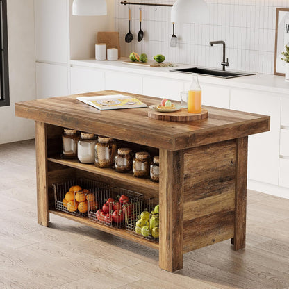 55 Inches Kitchen Island with Storage, 3-Tier Farmhouse Wooden Stationary Island Table with Large Worktop & Leg Room, Modern Coffee Bar Table with Storage Shelf for Kitchen, Rustic Brown