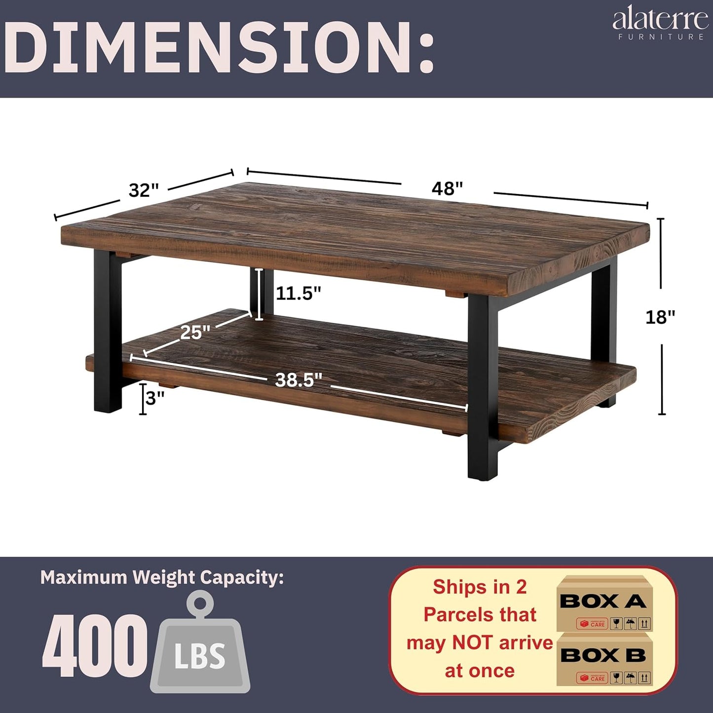 Pomona Rustic Industrial 2-Tier Rectangular Coffee Table – 48” Solid Wood Top with Shelf, Metal Legs, and Reclaimed Finish – Farmhouse Style Living Room Furniture