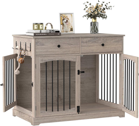 40 Inch Dog Crate Furniture-Farmhouse Dog Kennel with Drawers-End Table Wooden Pet Crate, Double Door Design, Decorative Dog House Indoor for Small Medium Large Dog, Oak Grey