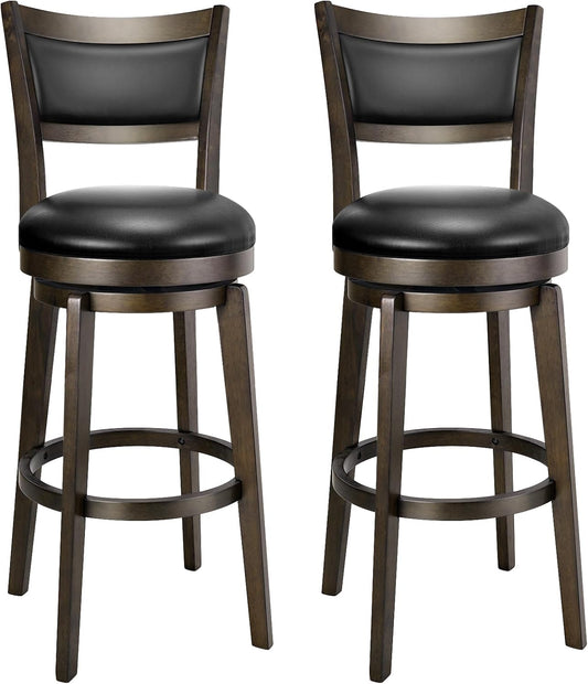 Swivel Bar Stools Set of 2, 30 Inch Bar Height Barstools, Black Faux Leather Bar Stool with High Backrest & Solid Wood Legs & Wrap-Around Footrest, Counter Stools for Kitchen Island, Pub
