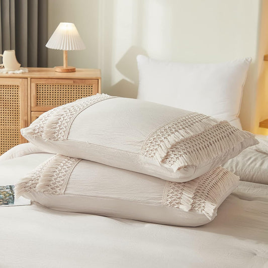 Beige Pillowcases, Macrame Tassel Pillow Cases Set of 2, 100% Washed Microfiber, Cream Decor Tassel Boho Pillow Cover, 2 Pack (King, Beige Tassel)