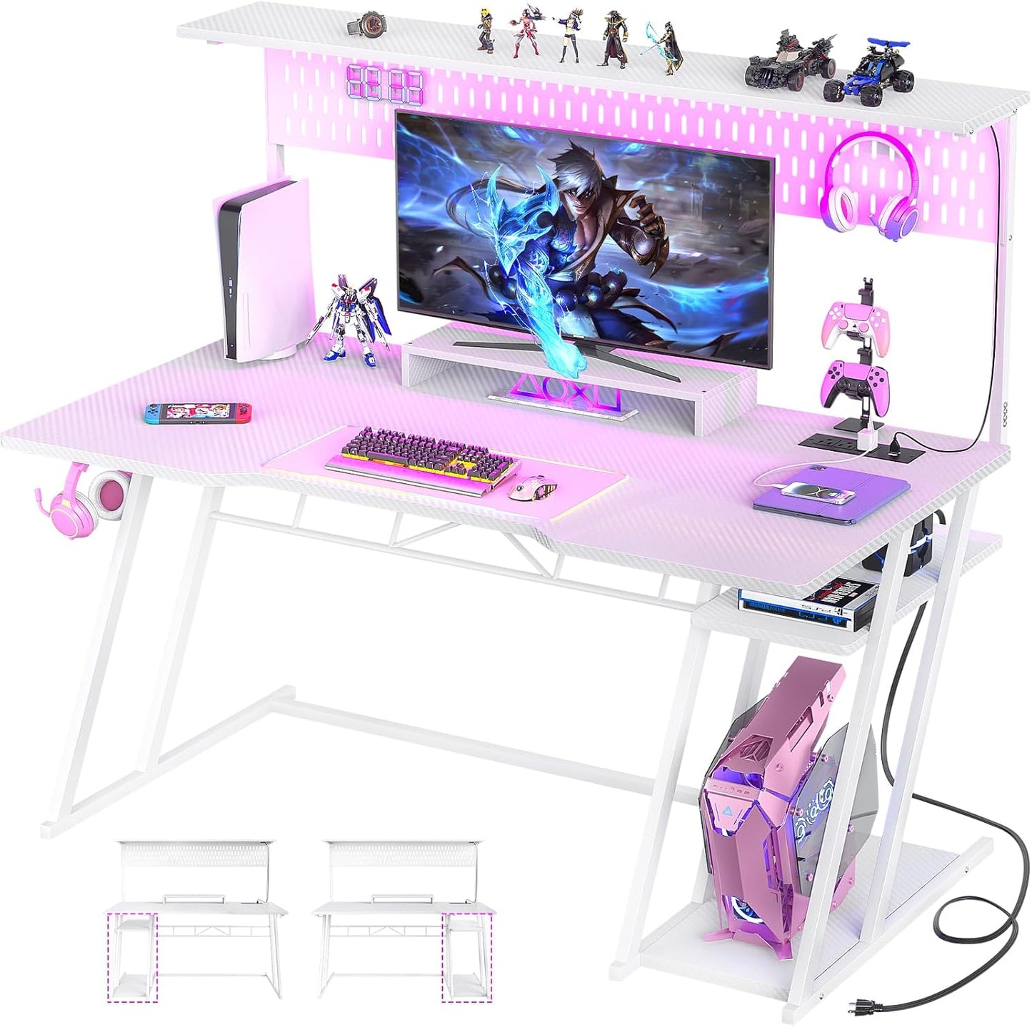 53'' White Gaming Desk with Hutch and LED Lights, Gaming Computer Desk with Storage Shelves & Z-Shaped Legs, Reversible PC Game Desk with Pegboard for Bedroom, Carbon Fiber Surface