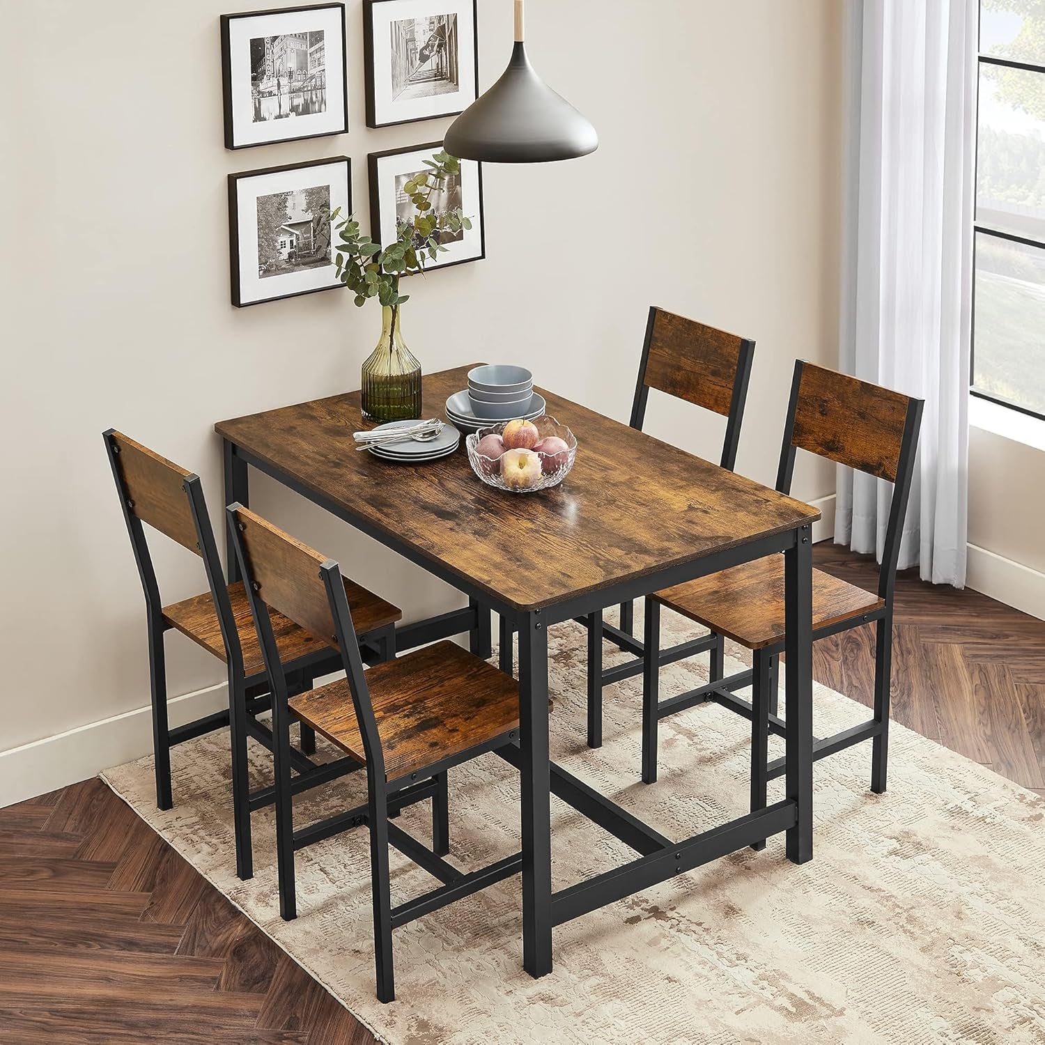 Dining Chair Set of 2, Rustic Wood Chairs with Metal Steel Frame, Easy to Assemble, Comfortable Seat, Modern Farmhouse Chair for Kitchen, Bedroom, Living Room, Wheat Brown and Cloud White