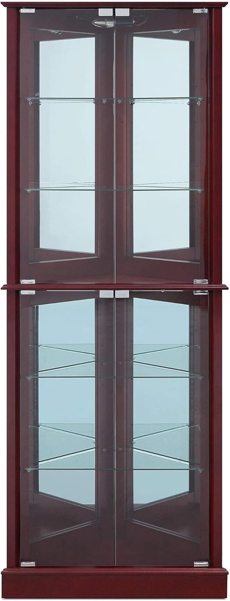 Lighted Corner Display Curio Cabinet Wooden Shelving Unit with Tempered Glass Door, Bar and Liquor Storage Area with 6 Shelves - Woody (Cherry)