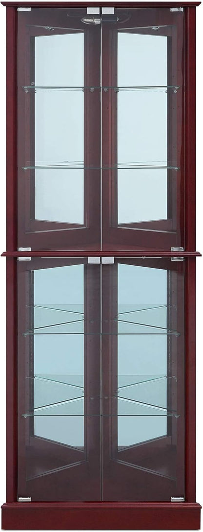 Lighted Corner Display Curio Cabinet Wooden Shelving Unit with Tempered Glass Door, Bar and Liquor Storage Area with 6 Shelves - Woody (Cherry)