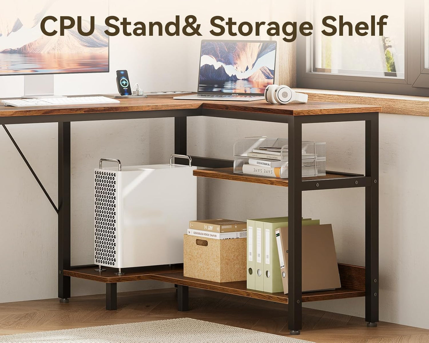 L Shaped Desk with Drawers & File Cabinet, Reversible Computer Desk with Storage Shelves & CPU Stand, Corner Desk with Power Outlets, L Desk for Home Office, Rustic Brown