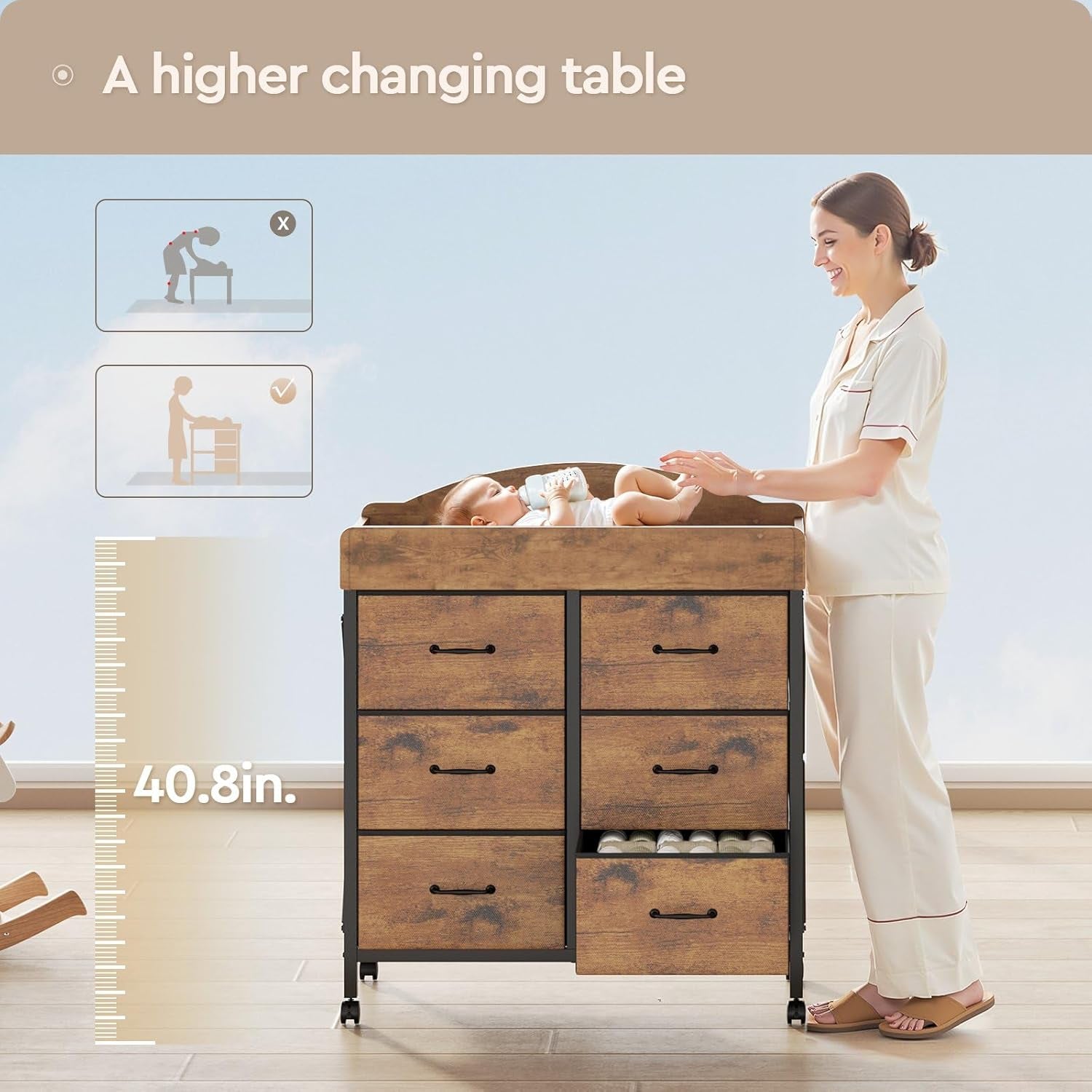 Baby Changing Table Dresser with Wheels, 6-Fabric Drawer Baby Dresser with Changing Table Top, Waterproof Diaper Changing Station & Pad, Mobile Storage Unit, Baby Furniture, Rustic Brown