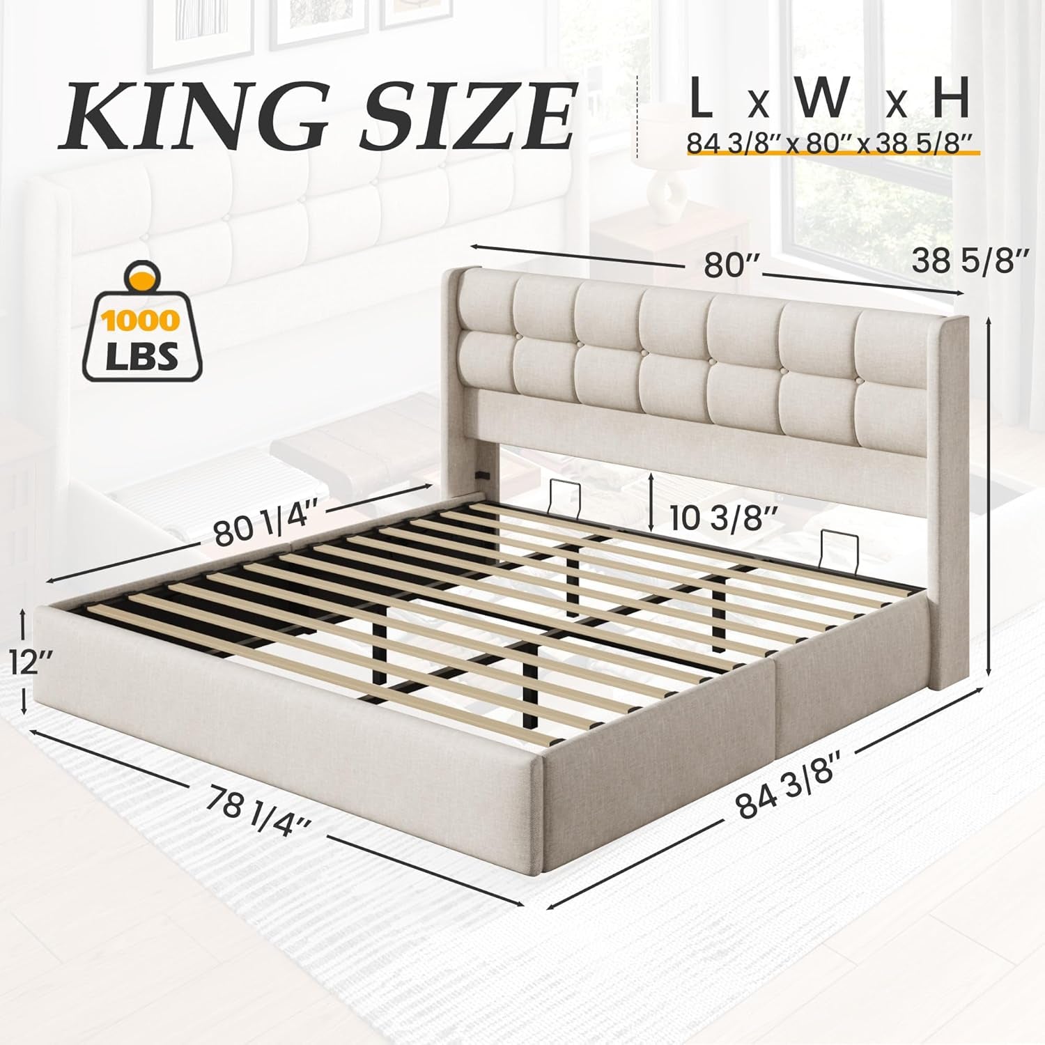 King Size Lift up Storage Bed Frame, Linen Upholstered King Platform with Button Tufted Wingback Headboard and Under-Bed Storage, Hydraulic Support, No Box Spring Needed, Noise Free, Beige