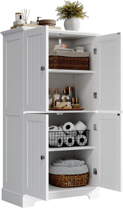 Bathroom Floor Cabinet, Modern Bathroom Storage Cabinet with 4 Doors and Adjustable Shelves, Freestanding Cupboard for Living Room, White