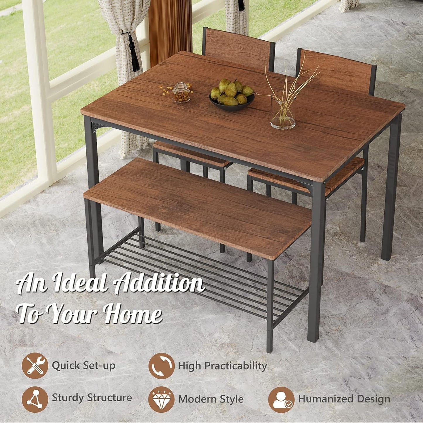 Dining Table Set for 4, 43" Kitchen Table and Chairs, Dining Bench with Metal Frame & Storage Rack, 4-Piece Modern Functional Desk Set for Dinette, Small Space, Apartment, Restaurant, Walnut