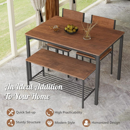Dining Table Set for 4, 43" Kitchen Table and Chairs, Dining Bench with Metal Frame & Storage Rack, 4-Piece Modern Functional Desk Set for Dinette, Small Space, Apartment, Restaurant, Walnut