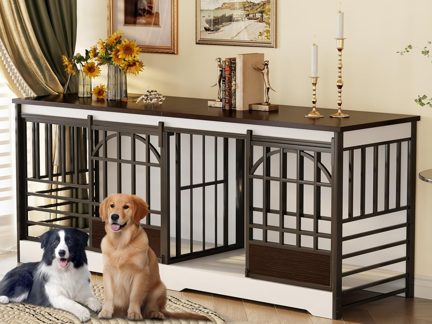 78 Inch Double Dog Crate Furniture, Extra Large Dog Kennel Indoor with Divider, Heavy Duty Dog Cage for 2 Dogs, Decorative Wooden Dog House Decorative Table TV Stand, Pet House for Xlarge Dogs,White