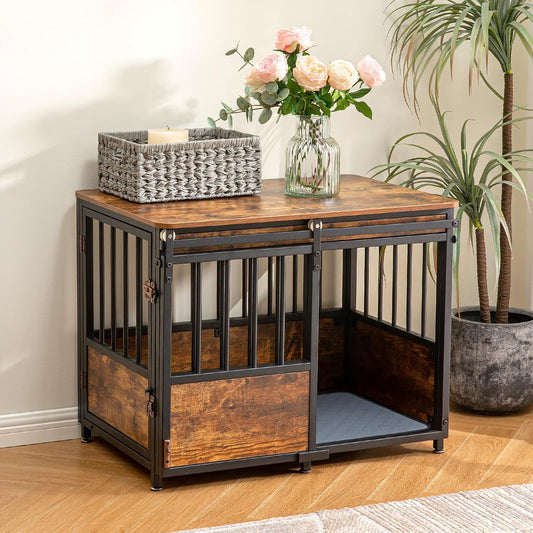 40 Inch Dog Crate Furniture with Cushion for Large Medium Dogs, Wooden Heavy Duty Dog Kennel with Double Doors, Decorative Pet House Dog Cage Side End Table Indoor, Sliding Door Chew-Resistant