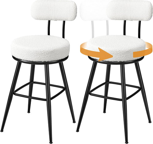 360° Swivel Bar Stools Set of 2, Counter Height Bar Stools with Back, Boucle Fabric, Contemporary Modern, 25.4 Inch Tall, Kitchen and Home Bar, Cloud White ULBC130W01V1