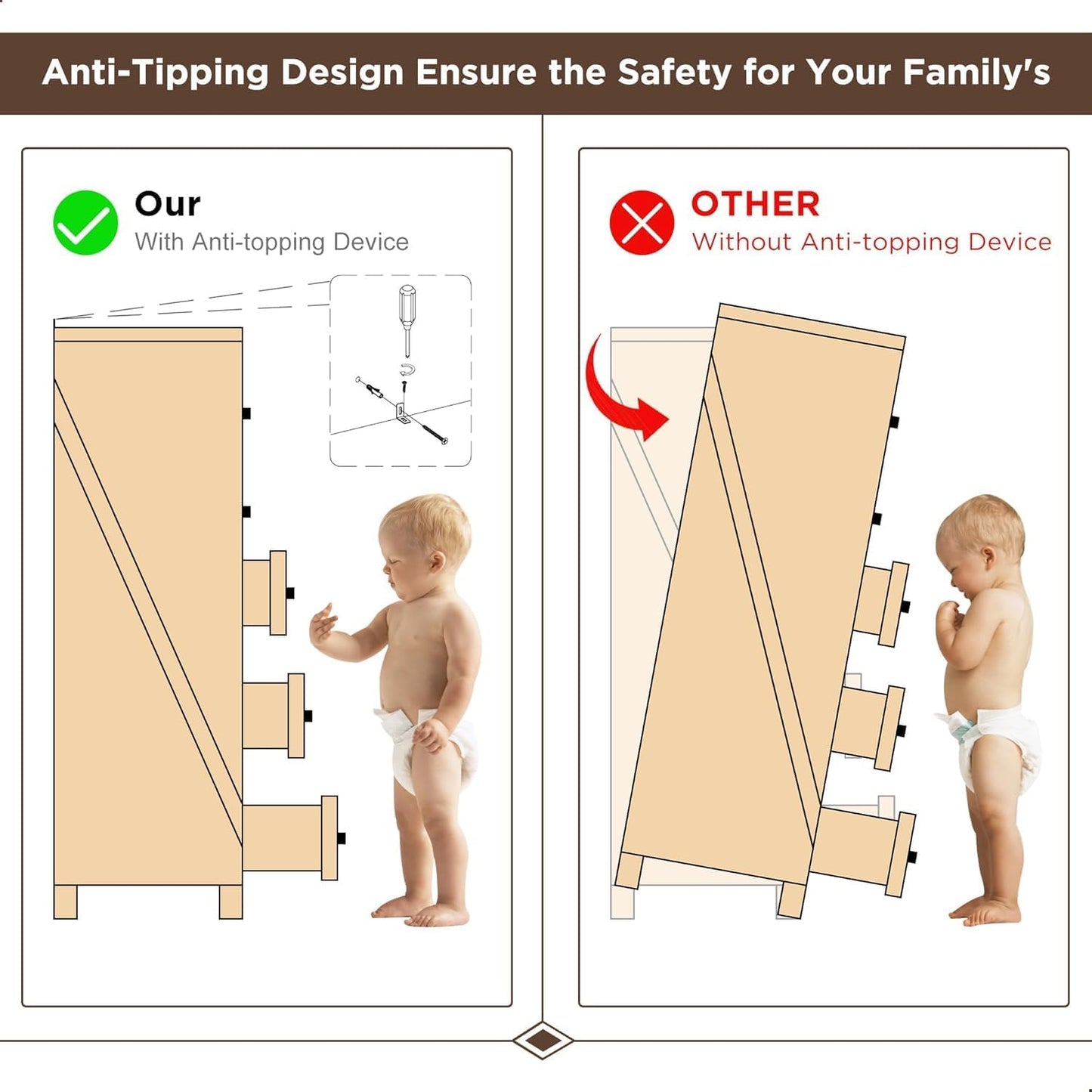 7 Drawer Dresser, Farmhouse Chest of Drawers for Bedroom, 52" Wide Dresser TV Stand with Large Metal Handles, Wood Drawer Organizer for Living Room, Hallway - Brown