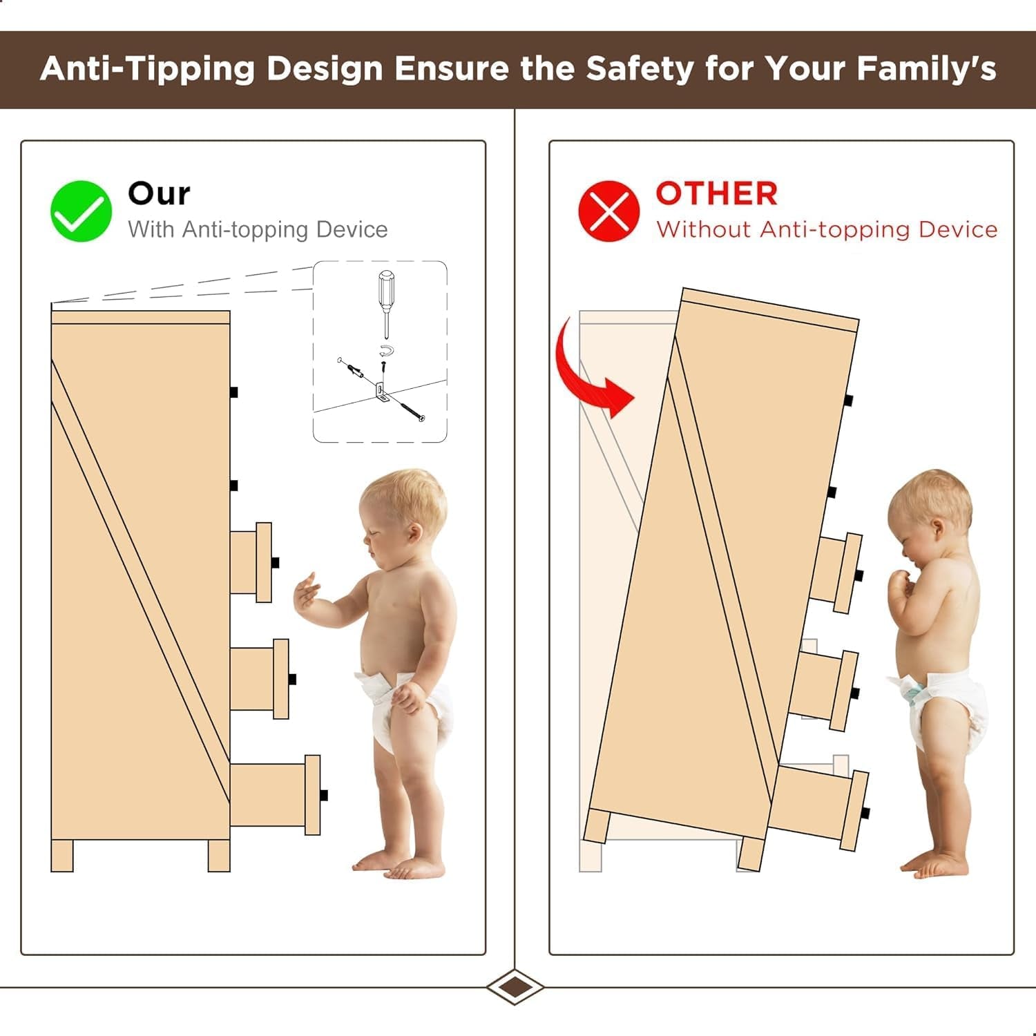7 Drawer Dresser, Farmhouse Chest of Drawers for Bedroom, 52" Wide Dresser TV Stand with Large Metal Handles, Wood Drawer Organizer for Living Room, Hallway - Brown