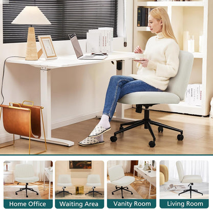 Criss Cross Chair with Wheels Wide Cross Legged Office Desk Vanity Chair Comfy Fabric Armless Adjustable Swivel for Home Computer Task Fabric Beige