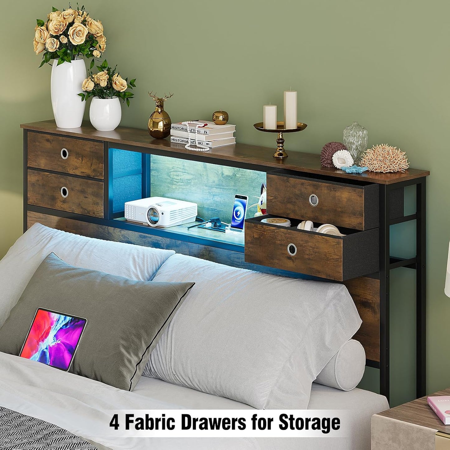 Queen Size Headboard with 4 Fabric Storage Drawers Charging Station LED Light Adjustable Height Storage Rack Sturdy and Stable Metal Frame & Wood Shelf (Rustic Brown, Queen (U.S. Standard))