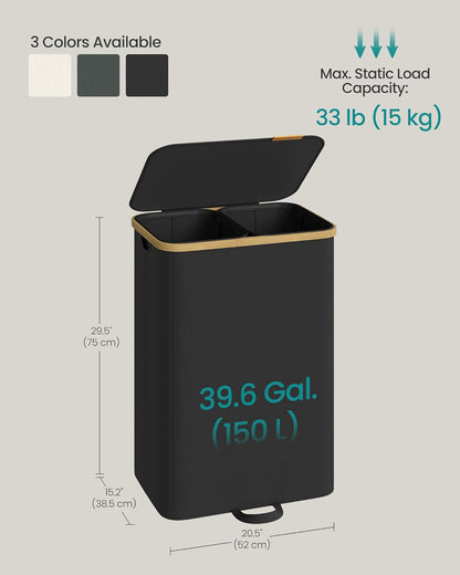 Laundry Hamper, Laundry Sorter with Lid, Storage Basket Bin, Removable Liners, Bamboo Frame, for Bedroom, 2 Sections, 39.6 Gal. (150 L), Ink Black ULCB532BH01