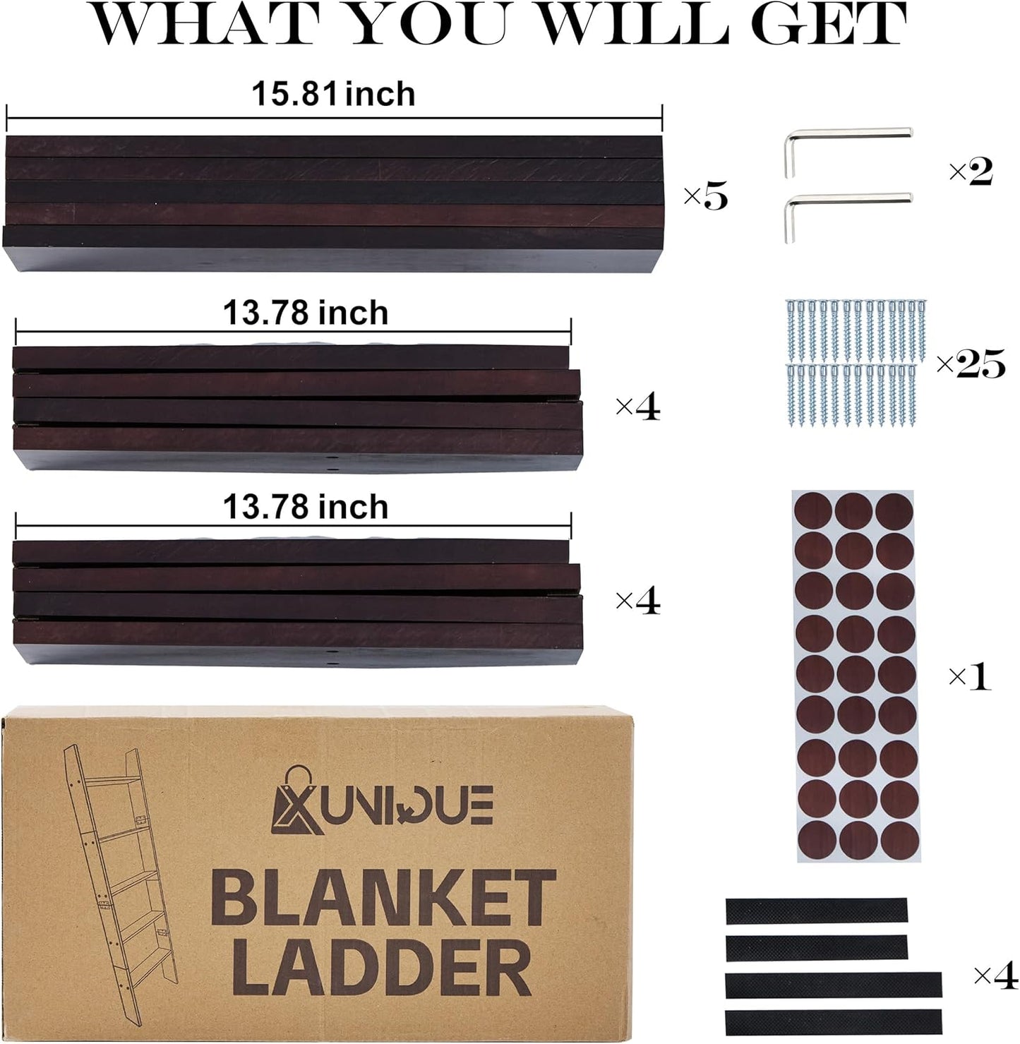 5-Tier Blanket Ladder for the Living Room, 4.8 FT Anti-Slip Decorative Ladder Shelf Leaning Quilt Rack, Lightweight, Easy Assemble, Wooden Blanket Rack (Brown)