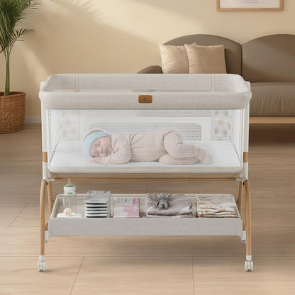 Baby Bassinet Bedside Crib, 3-In-1 Baby Bassinet Bedside Sleeper with Mattress and Soft, Breathable Sheet, Full-Mesh Sides, 6-Height Adjustable, Stable and Secure Crib for Newborns
