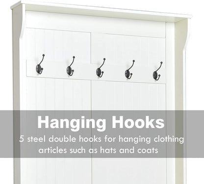 Hall Tree with Bench and Shoe Storage, 3-In-1 Entryway Bench with Coat Rack, 5 Hooks and Flip Top Storage Compartment, Cream White