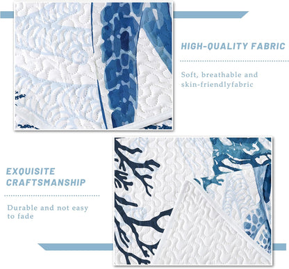 Coastal Bedding King Size Coastal Quilt with 2 Shams, Nautical Beach Comforter Sets Ocean Bedspreads Blue Seaturtle Coverlet Summer Bedding, 96''X106''