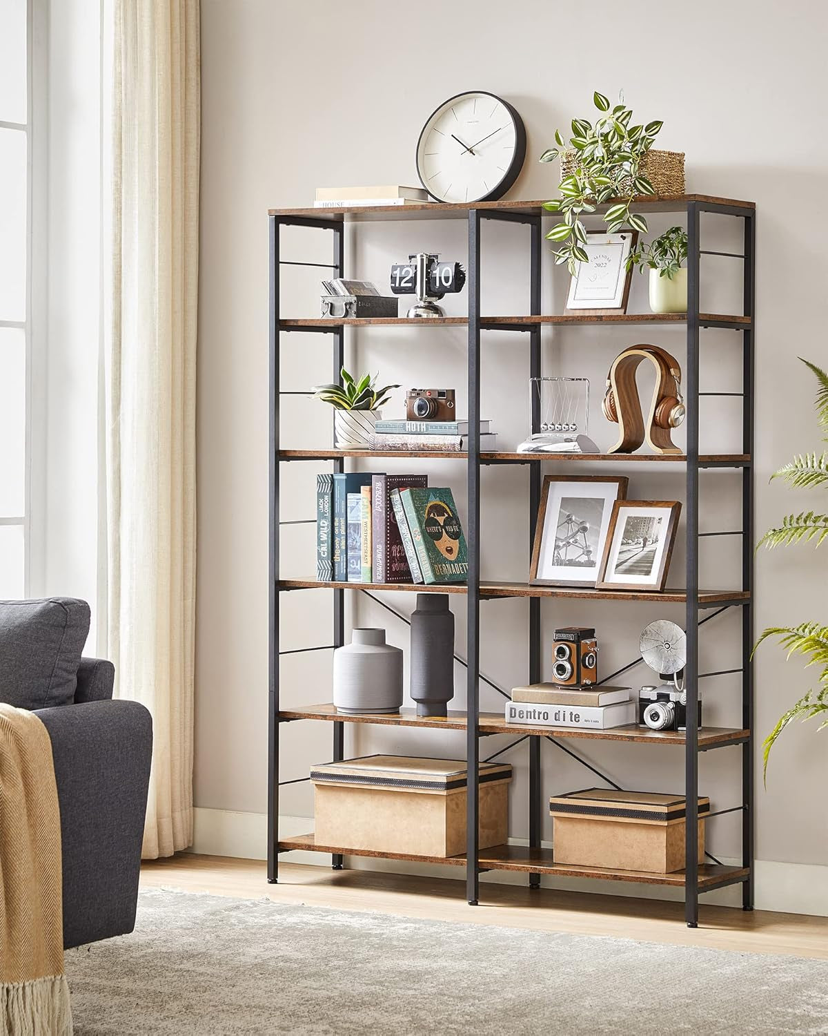 6-Tier Tall Bookshelf, Bookcase, Large Metal Shelf, 11.8 X 47.2 X 67.9 Inches, for Living Room, Kitchen, Pantry, Study, Home Office, Rustic Brown and Black ULLS114B01