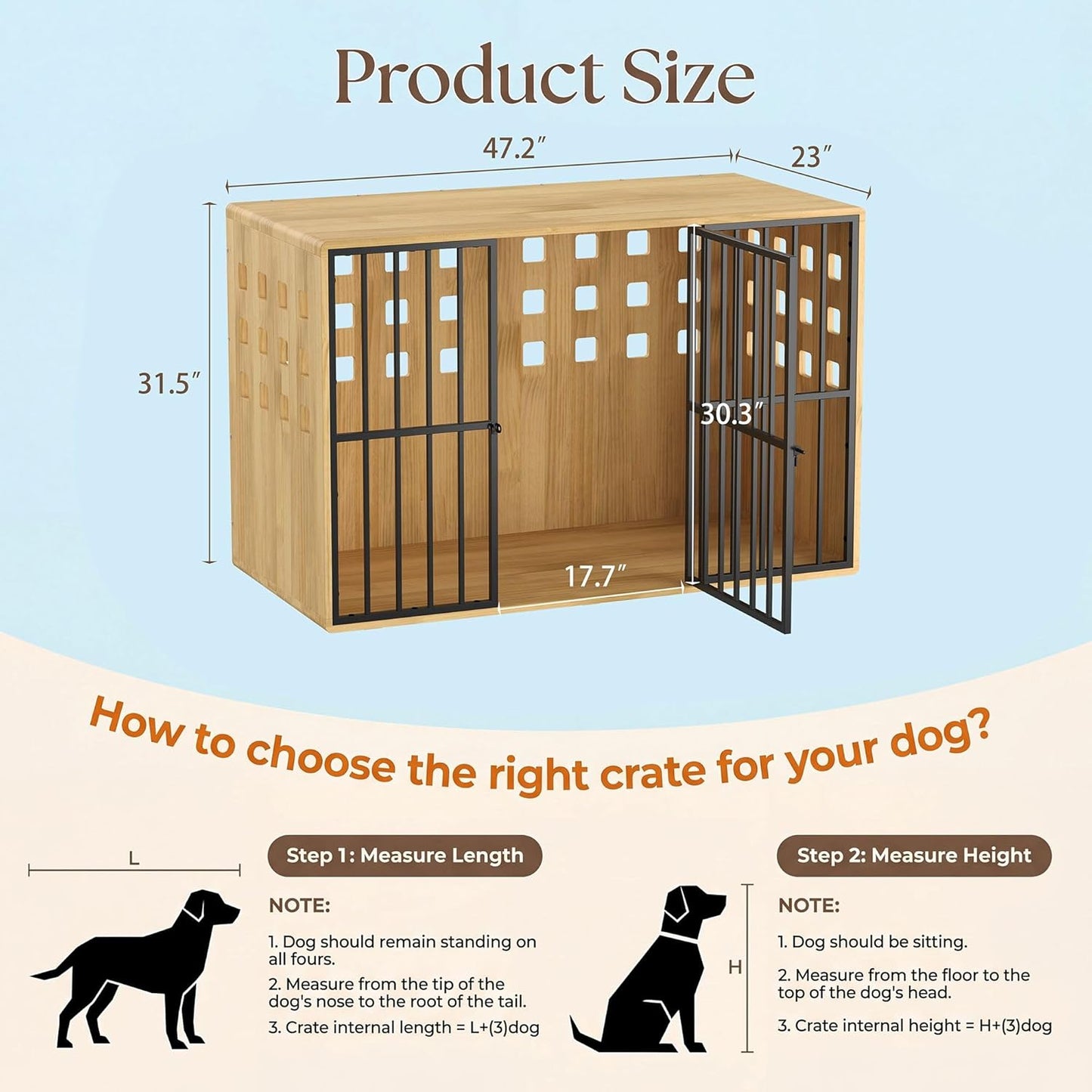 Extra Large Dog Crate Furniture, 47.2 Inches Wooden Dog Crates for Medium & Large, Decorative Kennel Indoor with Lockable Door, Heavy Duty Pet Crate Side Tbale for Living Room, Natural