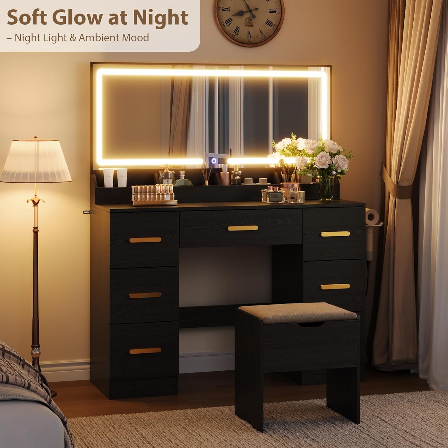 Vanity Desk with Large Mirror and Lights, 45.9In Makeup Vanity Desk, 3 Lighting Modes Adjustable Brightness, Vanity Table with Power Outlet &8 Drawers, for Powder Room and Bedroom