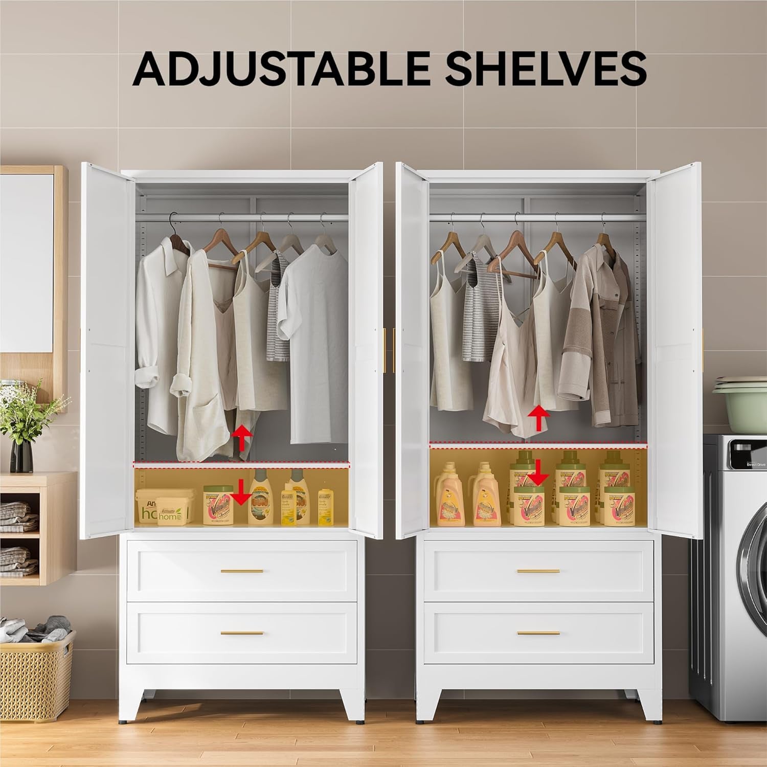 71" Metal Wardrobe Closet with 2 Drawers & Hanging Rod, Freestanding Armoire Storage Cabinet with Adjustable Shelf and 2 Doors, White Steel Closet Organizer for Bedroom