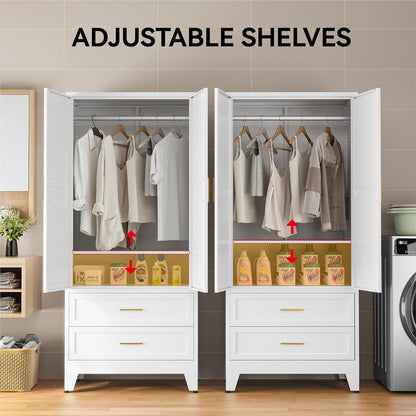 71" Metal Wardrobe Closet with 2 Drawers & Hanging Rod, Freestanding Armoire Storage Cabinet with Adjustable Shelf and 2 Doors, White Steel Closet Organizer for Bedroom