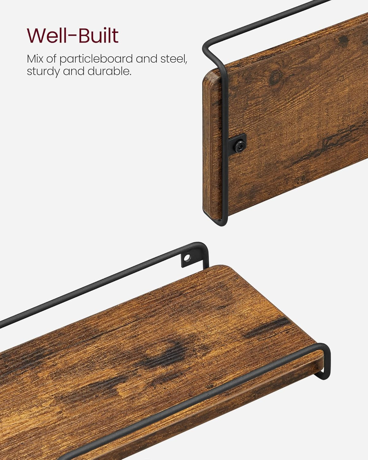 Corner Shelf Wall Mount Set of 2, Floating Shelves, Small Wall Shelf for Decor Storage, for Living Room Bedroom Kitchen Bathroom, Rustic Brown and Black ULLS831B01