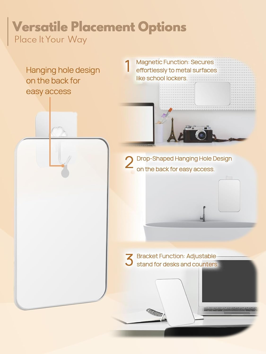 8X5-Inch Magnetic Locker Mirror, Small Makeup Mirror for Desk and School Locker, with Strong Magnets, Foldable Wall Mount & Hanging Hole for Bathroom,White