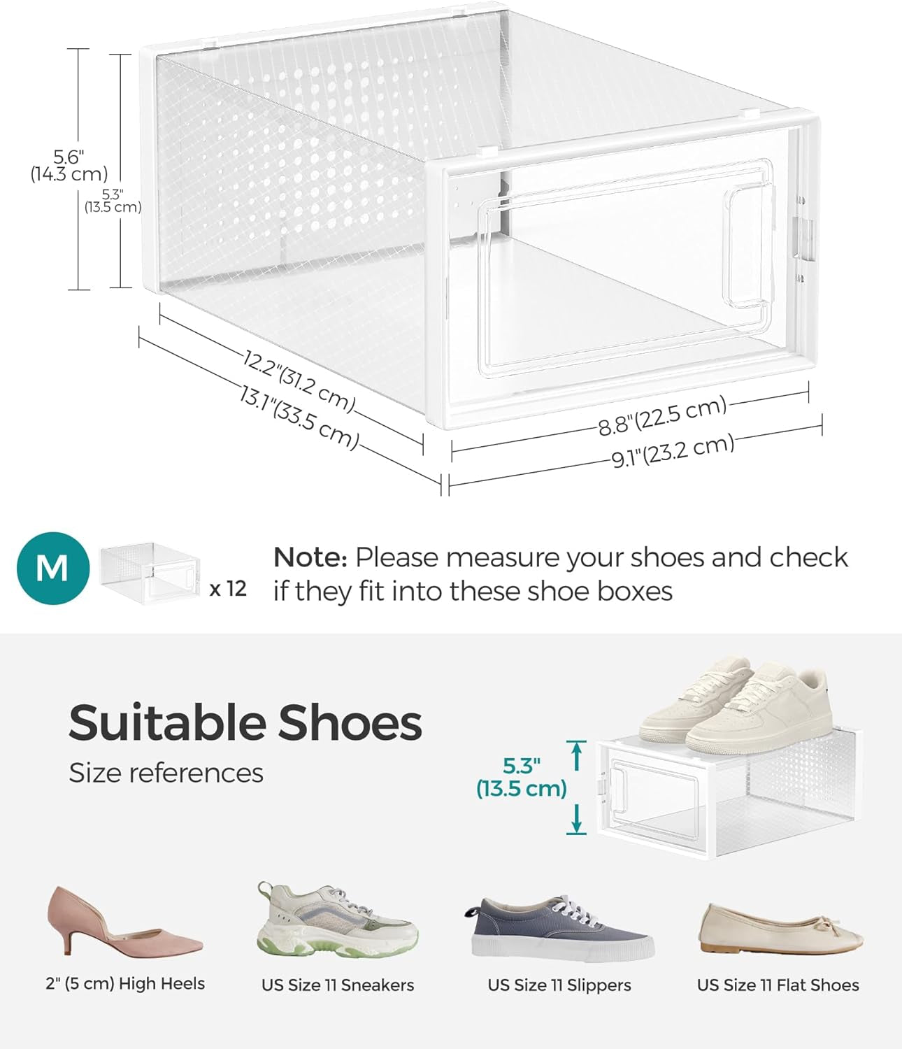 Shoe Boxes, Pack of 12 Shoe Storage Organizers, Stackable Clear Plastic Boxes for Closet, Sneakers, 13.1 X 9.1 X 5.6 Inches, Transparent and White ULSP12SWT