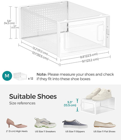 Shoe Boxes, Pack of 12 Shoe Storage Organizers, Stackable Clear Plastic Boxes for Closet, Sneakers, 13.1 X 9.1 X 5.6 Inches, Transparent and White ULSP12SWT